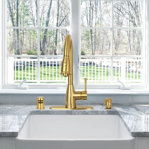 Brushed Gold Brass Kitchen Dishwasher Air Gap Cap Replacement, 1.625 Inch Diameter Brass Cap beside gold faucet