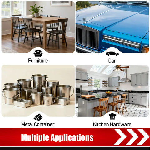 Multiple applications for 3 By 21 Inch Sanding Belt Set Pro Grade Aluminum Oxide showing furniture, car, containers, kitchen hardware