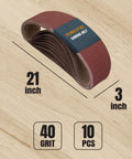 3 By 21 Inch Sanding Belts 10 Pack 40 Grit Aluminum Oxide for Portable Belt Sander on wooden background