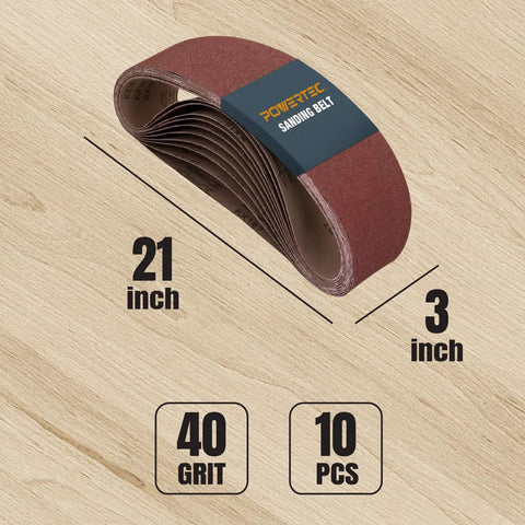 3 By 21 Inch Sanding Belts 10 Pack 40 Grit Aluminum Oxide for Portable Belt Sander on wooden background