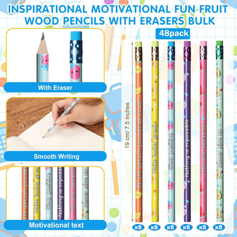 Back To School Gift Set 96 Pcs Pencil Eraser Pack For Kids Classroom Fun Colorful Scented Pencils with quotes and erasers