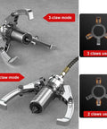 Image showcasing the Heavy Duty Hydraulic Bearing Puller With Hand Pump For Serious Wheel Bearing Removal, featuring 2-claw and 3-claw modes.