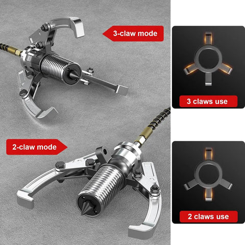 Image showcasing the Heavy Duty Hydraulic Bearing Puller With Hand Pump For Serious Wheel Bearing Removal, featuring 2-claw and 3-claw modes.
