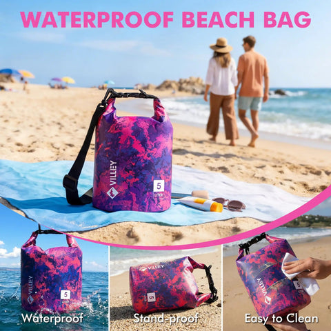 Waterproof Dry Bag 5L Roll Top Backpack For Kayaking Boating Camping And Beach Trips Ultra Lightweight Durable Gear Bag With Adjustable Strap Puncture Resistant Purple Camo on beach with people in background