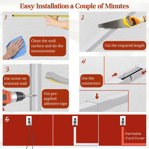 Installation steps for Paintable White Wall Cord Hide Kit For TV Cables, 157-Inch Raceway System With Adhesive Channel