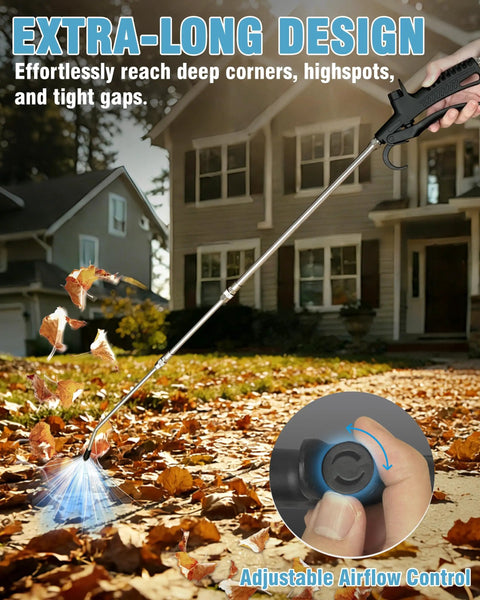 Beefy High Volume Air Blow Gun With 22 To 46 Inch Extendable Nozzle clearing leaves from tight spaces in front of a house