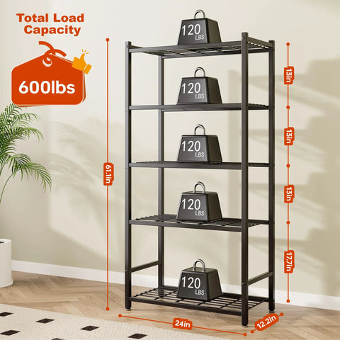 Tough As Nails 5 Tier Metal Shelving Rack With 120 Lbs Per Shelf And Foolproof Leveling Base, Rock Solid Black Storage Organizer, 600 lbs capacity
