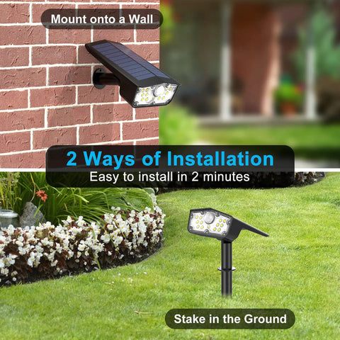 Motion Sensor Solar Powered Outdoor Flood Lights No Fuss 2 Pack With 3 Modes IP67 Waterproof LED Landscape Spotlights