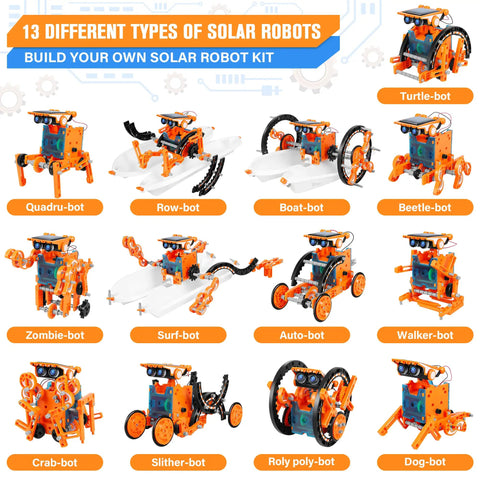 Sun Powered 13 in 1 Solar Robot Kit for Kids Ages 8 to 12, DIY STEM Building Toys with 13 different robot types.