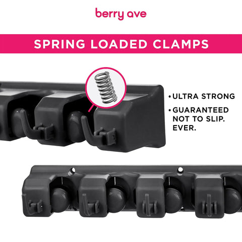 Close-up of Five Slot Broom Holder With Self Adhesive Mop Gripper No Drilling Wall Mount Organizer in black with spring-loaded clamps.
