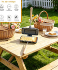 Heavy Duty Double Sided Nonstick Sandwich Maker With Portable Aluminum Flip Pan on picnic table, cooking breakfast outdoors.