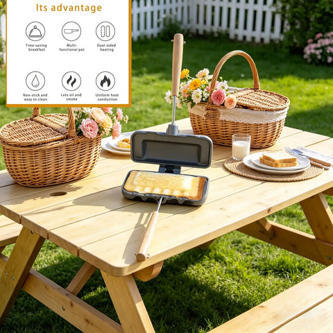 Heavy Duty Double Sided Nonstick Sandwich Maker With Portable Aluminum Flip Pan on picnic table, cooking breakfast outdoors.
