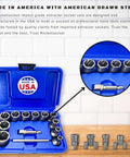 13 Piece Bolt Extractor Set Made In USA With Three Eighths Inch Drive For Stripped, Rounded, Or Frozen Bolts And Nuts Includes Impact Grade Lug Nut And Bolt Remover Sockets Built From High Grade American Drawn Steel in blue case with tools displayed.