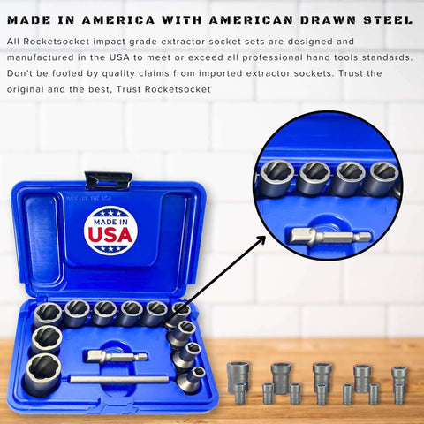 13 Piece Bolt Extractor Set Made In USA With Three Eighths Inch Drive For Stripped, Rounded, Or Frozen Bolts And Nuts Includes Impact Grade Lug Nut And Bolt Remover Sockets Built From High Grade American Drawn Steel in blue case with tools displayed.