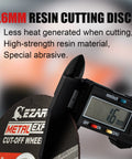 EZARC resin cutting disc, 1.6 mm thick, black wheel shown beside a digital caliper.