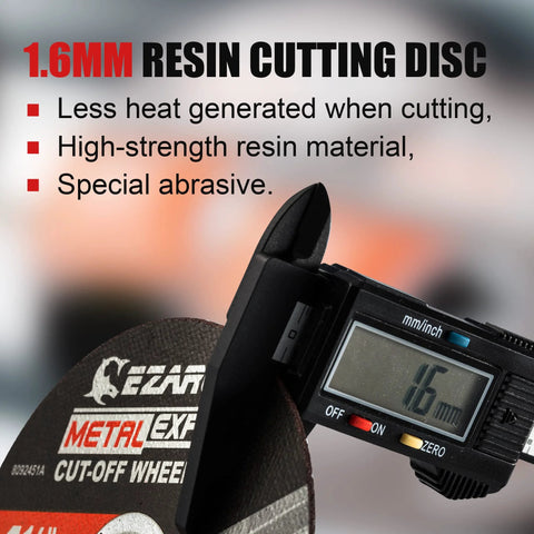 EZARC resin cutting disc, 1.6 mm thick, black wheel shown beside a digital caliper.