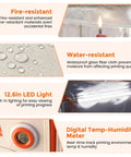 Infographic showing features: fire-resistant material, water-resistant cloth, 12.6in LED light, digital temp-humidity meter of Resin Printer Enclosure With Ventilation And LED Lighting Stable Temperature Protective Cover Fireproof Dustproof Tent For No Fuss Quick Setup And Safe Printing Compatible With Kobra X And Other Popular Resin Printers.