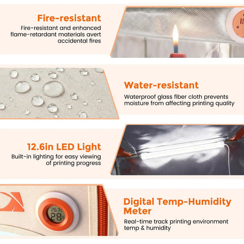 Infographic showing features: fire-resistant material, water-resistant cloth, 12.6in LED light, digital temp-humidity meter of Resin Printer Enclosure With Ventilation And LED Lighting Stable Temperature Protective Cover Fireproof Dustproof Tent For No Fuss Quick Setup And Safe Printing Compatible With Kobra X And Other Popular Resin Printers.