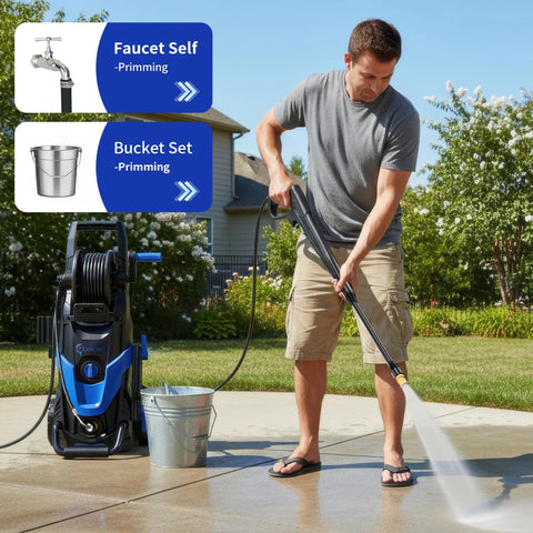 Man using New Upgrade Beast Power Washer With 4 Quick Connect Nozzles 3.2 GPM Inlet Hose And Filter on driveway