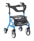 Heavy Duty Tall Rollator Walker With Comfy Seat Straight Up Built Tough Aluminum Frame Supports 350 Pounds No Sweat One Hand Fold Slick Blue Mobility Aid For Tall Grownups, showing padded seat and storage bag.