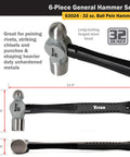 Six Piece Hammer Set With 16 Oz And 32 Oz Ball Peen Hammers, 32 Oz Rubber Mallet, showing 32 oz ball peen hammer dimensions