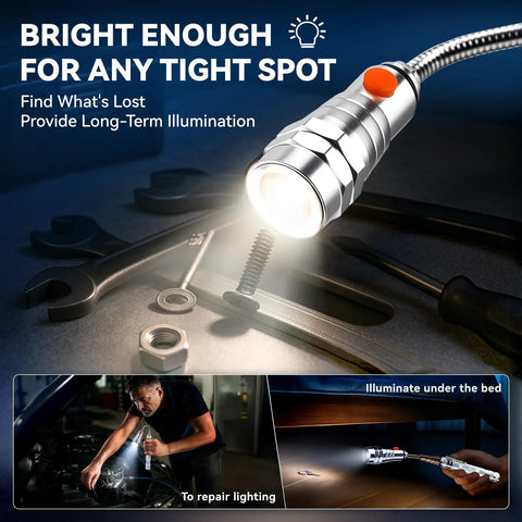 Extendable Magnetic Flashlight With Telescoping Magnet Pickup Tool, silver flashlight illuminating tools on a workbench