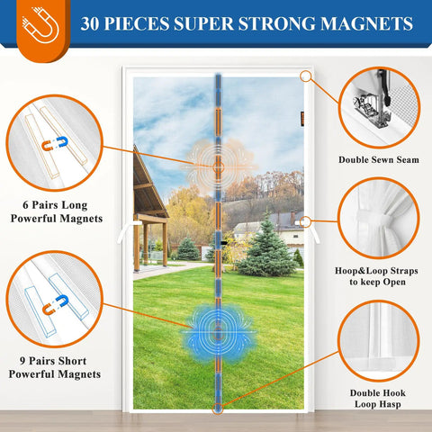 Hands-Free Magnetic Door Screen For 36x80 Inch Doors Tear-Resistant High-Density Fiber Mesh with magnets and fasteners details
