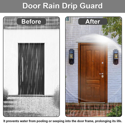 Premium Top Tier 52 Inch Door Drip Guard Aluminum Rain Deflector Weather Proof Door Panel Protector For Cars And Homes No Sweat Corrosion Shield Double Value Pack, before and after images showing rain protection.