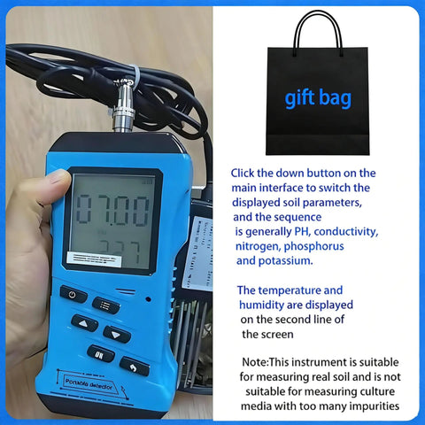 Hand holding 7 In 1 Soil Tester Kit With Digital Moisture Meter NPK pH Temperature EC Conductivity Fertility Analyzer