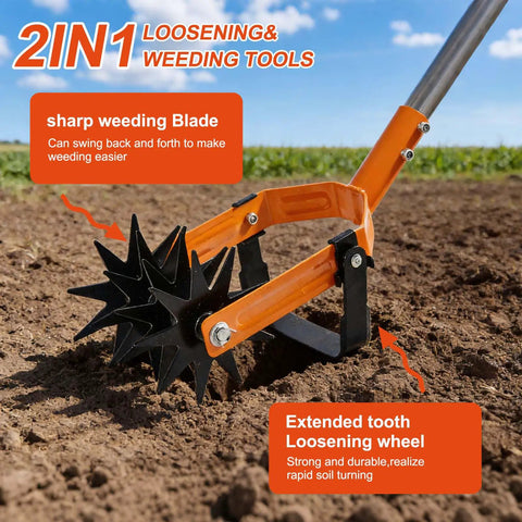 Beast 72 Inch Rotary Cultivator With Long Adjustable Handle in action with star-shaped rotary head in soil.