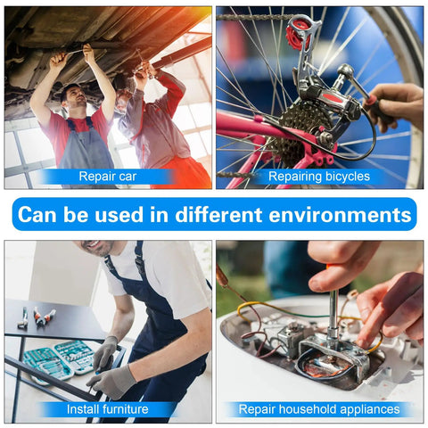 Men repairing a car, bicycle, assembling furniture, and fixing appliances, showing versatility of the 4-piece 14mm socket set.