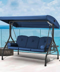 Three Seat Outdoor Porch Swing With Adjustable Canopy And Stand, Convertible Patio Glider Bed With Thick Cushions And Pillow