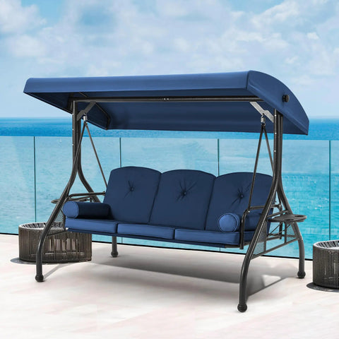 Three Seat Outdoor Porch Swing With Adjustable Canopy And Stand, Convertible Patio Glider Bed With Thick Cushions And Pillow