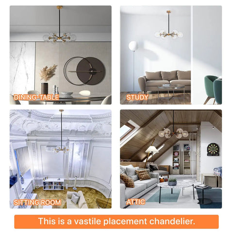 Different rooms featuring Sputnik Chandelier Dope Mid Century Pendant Light With Glass Globe Shades in dining, study, sitting, attic.