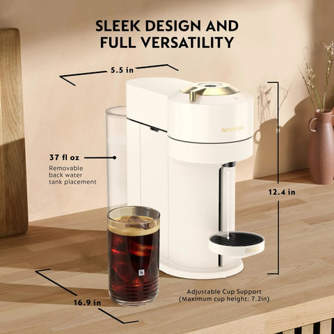 Vertuo Next Coffee And Espresso Maker By DeLonghi In Creamy White With Gold, slim design on kitchen counter, showing cup support and water tank.