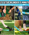 Step-by-step setup of 60ft Backyard Slackline Kit With Wide Tree Protectors For Kids And Adults, outdoor playset in use.