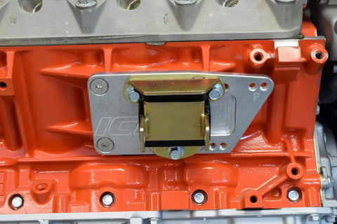 SBC To LS Engine Motor Mount Adapter Plates Universal Swap Bracket Kit installed on engine block