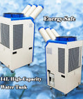 Heavy Duty Portable Air Conditioner 220V Industrial Cooling Unit 22178 Btu with triple flexible ducts and 14L water tank.