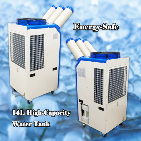 Heavy Duty Portable Air Conditioner 220V Industrial Cooling Unit 22178 Btu with triple flexible ducts and 14L water tank.
