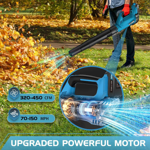 Man using Cordless Leaf Blower With Two Batteries And Charger, 2-Speed Lightweight No-Hassle Tool For Blowing Leaves and Lawn Care