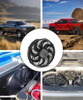 Universal 14 Inch Slim Electric Radiator Cooling Fan Kit 12V 90W Push Pull shown in vehicles and engine compartments.