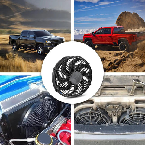 Universal 14 Inch Slim Electric Radiator Cooling Fan Kit 12V 90W Push Pull shown in vehicles and engine compartments.