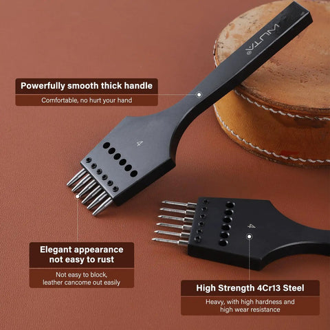 2nd Generation Leather Hole Punch Kit With Removable Circle Punch For Lacing And Stitching, shown with smooth handle and durable steel