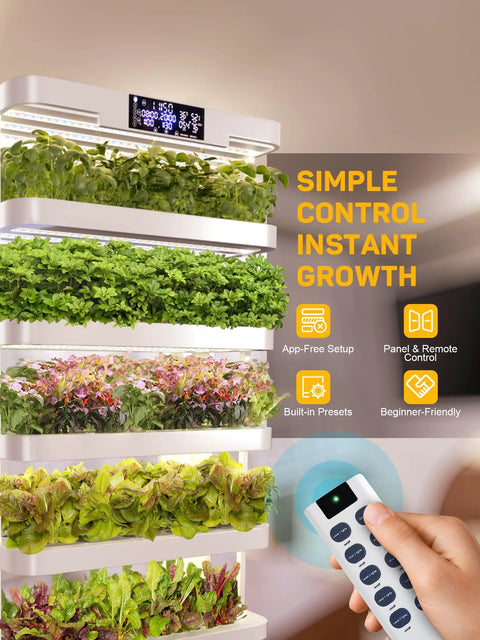 Massive Vertical Hydroponic Growing System With 148 Pod Indoor Garden Tower with control and vegetables, side view.
