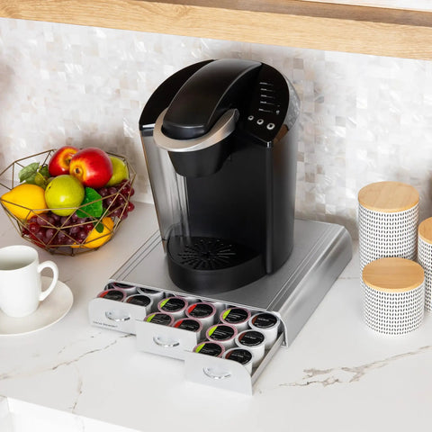 Under Counter Coffee Pod Organizer With Three Drawers, 36 Pod Capacity, Space Saving Countertop Caddy, Silver Finish under coffee maker