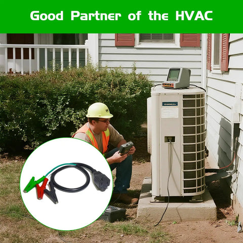 HVAC Tools Kit Accessory Adapter Cord For Circuit Breaker Finder And Vacuum Pump, AC Gauges Clearance Equipment Must Have For Pro Techs, Compatible With RT310 RT250 ET300 ET310 And Similar Models, Heavy Duty Alligator Clips Included next to outdoor unit.