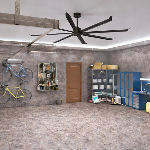 Massive 100 Inch Industrial Ceiling Fan Moves Serious Air Pmsm Motor With 8 Double Layer Aluminum Blades 21000 Cfm High Airflow Hvls Commercial Fan in a garage setting.