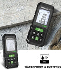130ft Laser Distance Meter with Dual Bubble Levels showing measurement on 2 inch backlit LCD, waterproof and dustproof features