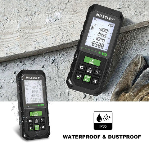 130ft Laser Distance Meter with Dual Bubble Levels showing measurement on 2 inch backlit LCD, waterproof and dustproof features
