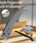 Retractable Utility Knife Heavy Duty Zinc Alloy Box Cutter With 3 SK2 Blades Safety Box Opener For Cardboard Carpet Leather And Packages Built Tough For Everyday Use And The Daily Hustle. close-up blade organizer with SK2 blades